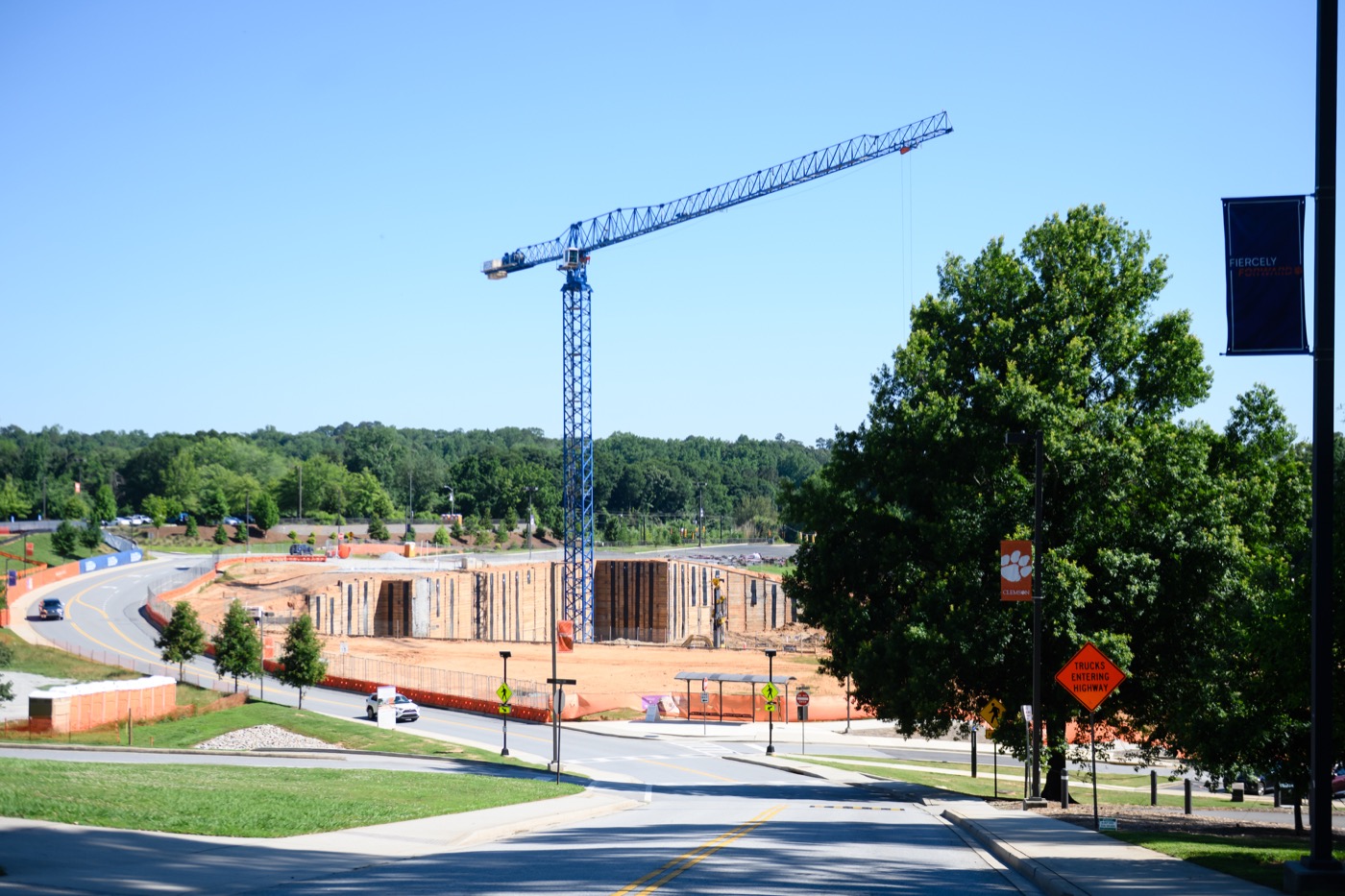 Tower crane and construction site on Clemson's campus
