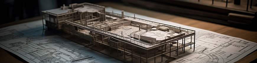 Image of a table with an architectural model sitting on exploratory blueprints.